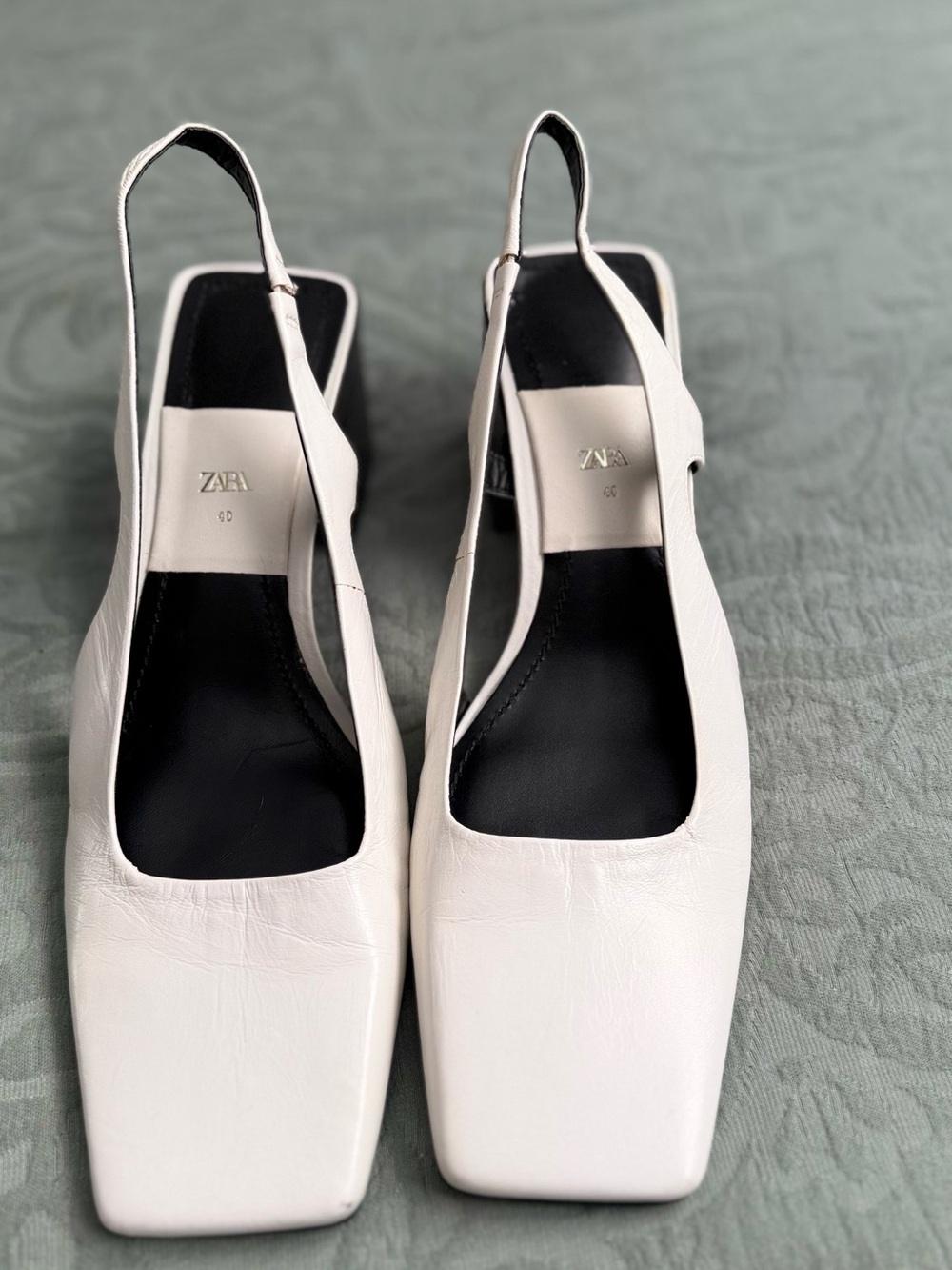 ZARA White Slingback Heels Size 40 US 9 Block Heel Square Toe